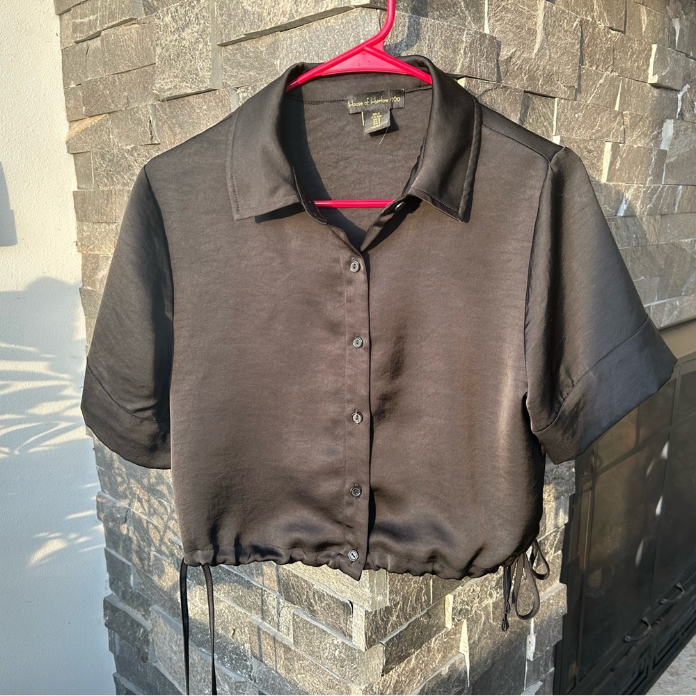 House of Harlow 1960 Black Satin Button-Down Shirt